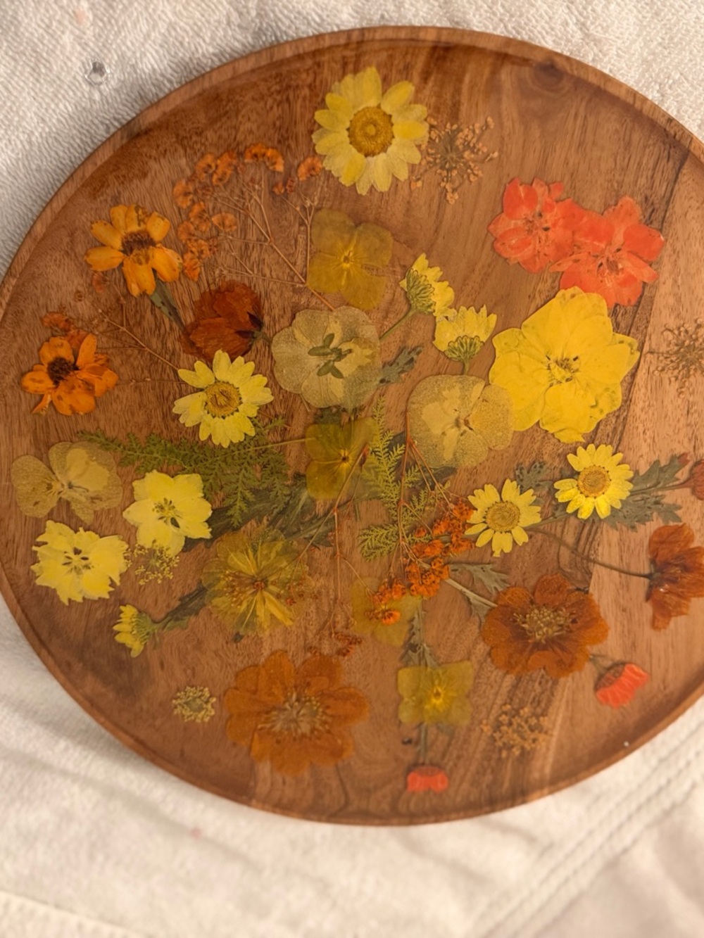 Handcrafted Pressed Flower Wood Tray – Yellow & Orange Floral Accent